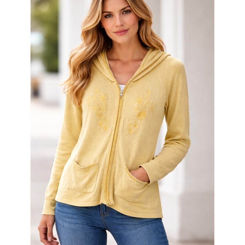April Cornell Yellow Embroidered Zip Hoodie Sweater Cotton Size Medium